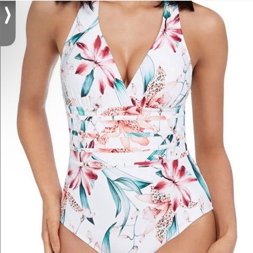 NEW La Blanca Size 4 One Piece Cross Back Swimsuit Orchid Print White Flowers